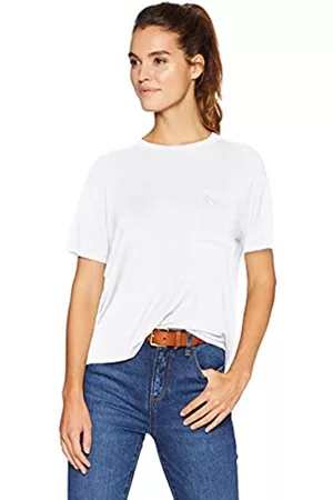 Amazon Donna T-shirt a maniche corte - T-Shirt con Tasca Girocollo a Maniche Corte con vestibilità Comoda in Jersey Donna, Bianco, M
