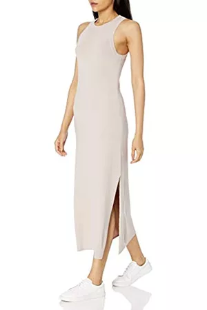 THE DROP Gabriela Maxi Abito a Collo Alto con Taglio ad A e Spacco Laterale da Donna, Argenteo, M