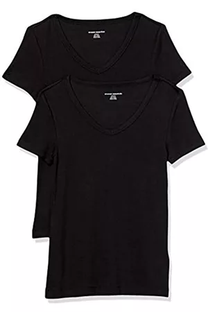 Amazon Donna T-shirt a maniche corte - T-Shirt con Scollo a v a Maniche Corte Slim Donna, Pacco da 2, Nero, XL