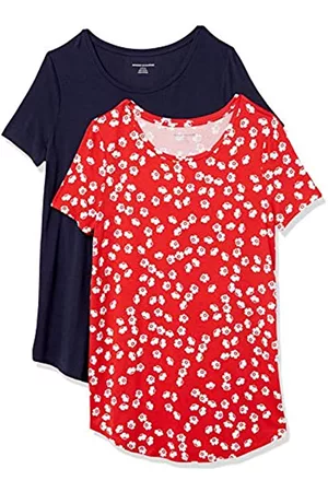 Amazon 2-Pack Short-Sleeve Scoopneck Tunic Fashion-t-Shirts, Red Tossed Poppy/Navy, US M