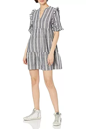 Goodthreads Abito a Balze in Lino Lavato con Maniche a Gomito e Collo Vestito, Tenda a Righe Grigie, XS