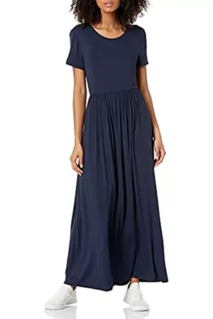 Amazon Short-Sleeve Waisted Maxi Dress Vestito, Marino, Motivo Scozzese, XL Plus