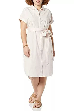 Amazon Essentials Donna Vestiti casual - Short Sleeve Button Front Belted Shirt Dress Vestito, / , Righe, L
