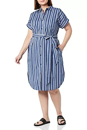 Amazon Essentials Short Sleeve Button Front Belted Shirt Dress Vestito, Marino/ , Righe Variegate, L