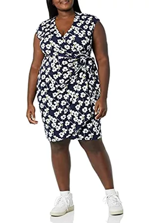 Amazon Essentials Donna Vestiti stampati - Plus Size Women's Classic cap Sleeve Wrap Dress Abito, Marino, Stampa Floreale, XXL