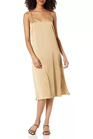 THE DROP ANA Silky Vestito con Scollo a V Midi Sottoveste Abito Casual, Pietra, Medium