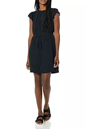 Amazon Relaxed Fit Lightweight Georgette Split Neck Flutter Sleeve Shift Dress Vestito, Nero, S