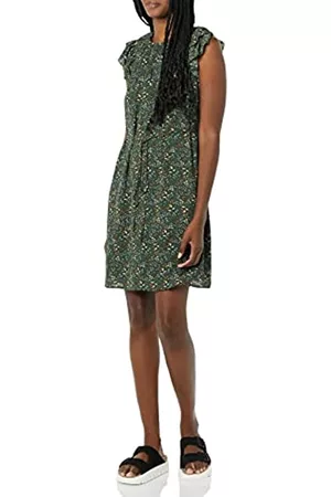 Amazon Relaxed Fit Lightweight Georgette Split Neck Flutter Sleeve Shift Dress Vestito, Verde Scuro, Floreale, L