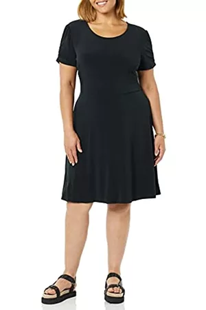 Amazon Donna Vestiti - Gathered Short Sleeve Crew Neck Shift Dress Vestito, Nero, L