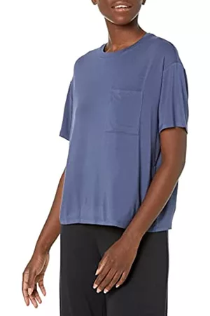 Amazon Donna T-shirt a maniche corte - T-Shirt con Tasca Girocollo a Maniche Corte con vestibilità Comoda in Jersey Donna, Blu Medio, XXL