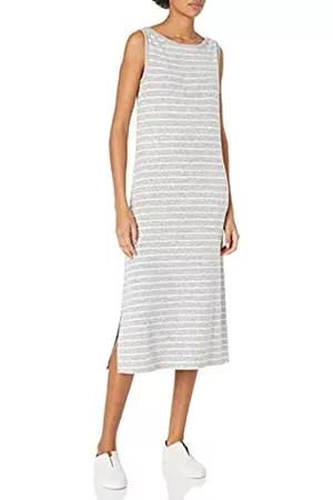 Daily Ritual Abito Longuette Morbido in Maglia con Scollo a Barca Senza Maniche Donna, Grigio Puntinato/Bianco, Righe, S
