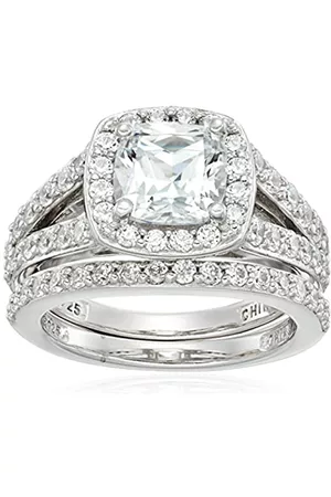 Amazon Collection Donna Anelli - Sterling Silver Platinum Plated Infinite Elements Cubic Zirconia Cushion Halo Ring, Size 8