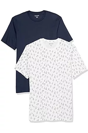 Amazon Uomo T-shirt con stampa - T-Shirt Girocollo a Maniche Corte Slim Uomo, Pacco da 2, Blu Marino/Stampa Barche, XS