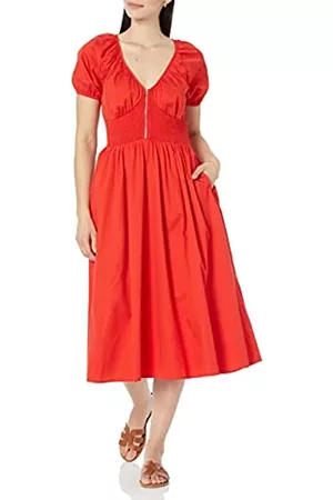 THE DROP Abito in cotone da donna Daksha, con dettaglio in punto smock e cerniera, rosso fiamma, 3XL Plus