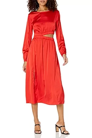 THE DROP Abito Midi Jacob A Maniche Lunghe Con Apertura, Sobrio E Setoso da Donna, Rosso, XXL Plus