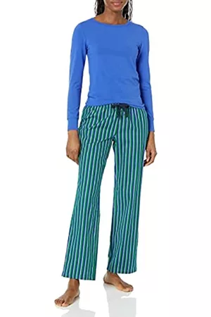 Amazon Set pigiama con T-shirt a maniche lunghe e pantaloni in flanella leggera Donna, Blu, Righe, XXS