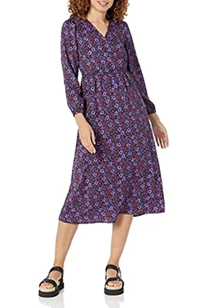 Amazon Abito Midi a Portafoglio a Maniche Lunghe Donna, Blu Scuro, Viole del Pensiero, M