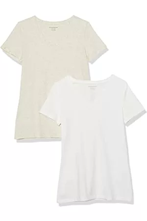 Amazon T-Shirt con Scollo a v a Maniche Corte Donna, Pacco da 2, Avena Puntinato/Bianco, M