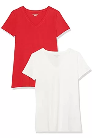 Amazon T-Shirt con Scollo a v a Maniche Corte Donna, Pacco da 2, Rosso/Bianco, XS