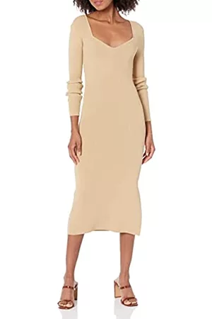 THE DROP Donna Vestiti in maglia - Abito Midi da Donna, Cameron, in Maglia, a Costine, con Scollo a Cuore, Beige , XS