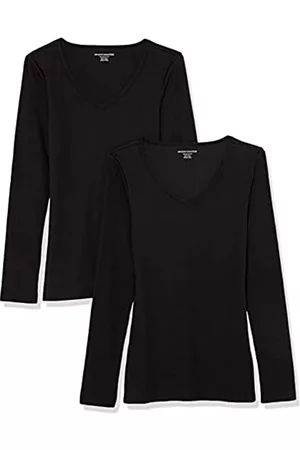 Amazon Donna T-shirt a maniche lunghe - Top con Scollo a V a Costine in Maglia a Maniche Lunghe Aderente Donna, Pacco da 2, Nero, L
