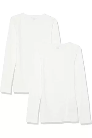 Amazon Donna T-shirt a maniche lunghe - Girocollo a Costine in Maglia a Maniche Lunghe Aderente Donna, Pacco da 2, Bianco, XS