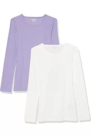 Amazon Donna T-shirt a maniche lunghe - Girocollo a costine in maglia a maniche lunghe aderente Donna, Pacco da 2, Bianco/Porpora, M