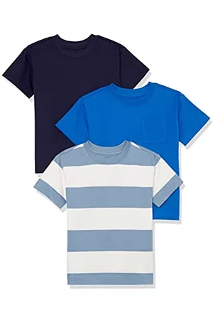 Amazon Polo - T-Shirt a Maniche Corte Stile Moderno Unisex Bambini e Ragazzi, Pacco da 3, Blu Marino Scuro/Bluette, Righe da Rugby, 9-10 Anni