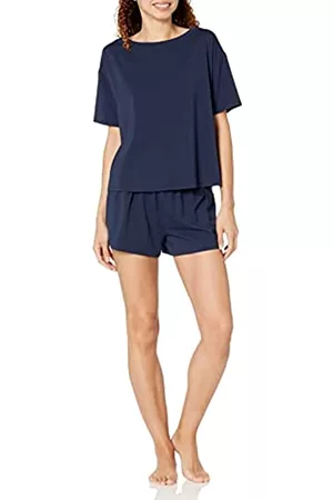 Amazon Aware Donna T-shirt a maniche corte - Set di maglietta a maniche corte e pantaloncini in cotone modal dalla vestibilità comoda Donna, Blu Marino, 3XL Plus