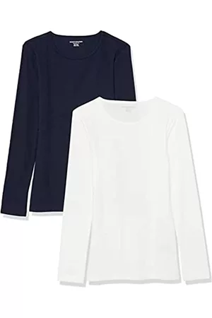 Amazon Donna T-shirt a maniche lunghe - Girocollo a Costine in Maglia a Maniche Lunghe Aderente Donna, Pacco da 2, Bianco/Blu Marino, S