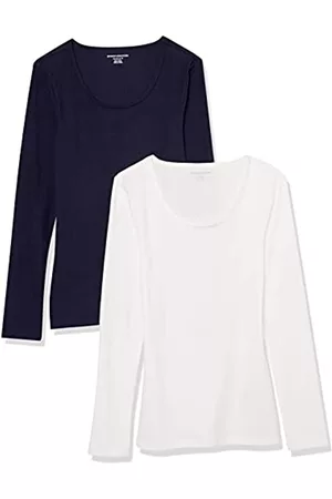 Amazon Donna T-shirt a maniche lunghe - Scollo Rotondo a Costine in Maglia a Maniche Lunghe Aderente Donna, Pacco da 2, Bianco/Blu Marino, S
