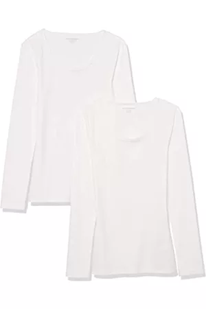 Amazon Donna T-shirt a maniche lunghe - Scollo Rotondo a Costine in Maglia a Maniche Lunghe Aderente Donna, Pacco da 2, Bianco, XS