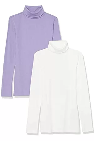 Amazon Donna T-shirt a maniche lunghe - Top Aderente a Maniche Lunghe con Collo Alto a Costine Donna, Pacco da 2, Bianco/Porpora, XL Plus
