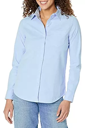 Amazon Donna T-shirt - Camicia Oxford Elasticizzata a Maniche Lunghe Button-Down Donna, Blu, 4XL Plus