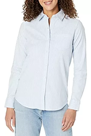 Amazon Donna T-shirt - Camicia Oxford Elasticizzata a Maniche Lunghe Button-Down Donna, Blu/Bianco/Righe, XL
