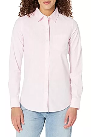 Amazon Donna T-shirt - Camicia Oxford Elasticizzata a Maniche Lunghe Button-Down Donna, Rosa/Bianco/Righe, XL