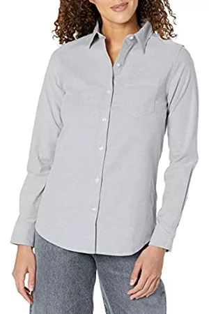 Amazon Donna T-shirt - Camicia Oxford Elasticizzata a Maniche Lunghe Button-Down Donna, Grigio, 6XL Plus