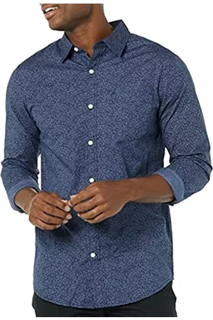 Amazon Uomo Camicie casual - Camicia in Popeline Elasticizzato A Manica Lunga dalla vestibilità Aderente Uomo, Blu Marino, Floreale, XL