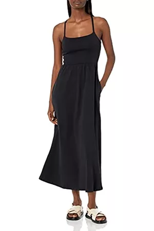 Amazon Aware Donna Vestiti midi - Abito Midi in Jersey di Cotone Biologico Aderente e Svasato con Spalline Donna, Nero, XS