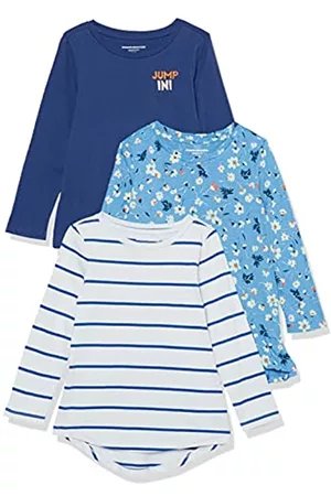 Amazon Bambina T-shirt a maniche lunghe - Maglia a Tunica a Maniche Lunghe Bambine e Ragazze, Pacco da 3, Blu STEM Floral, 5 Anni