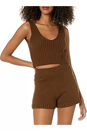 THE DROP Donna Maglione crop - Sylvie Double V-neck Textured Rib Cropped Sweater Tank da Donna, Chicco Di Caffè, S