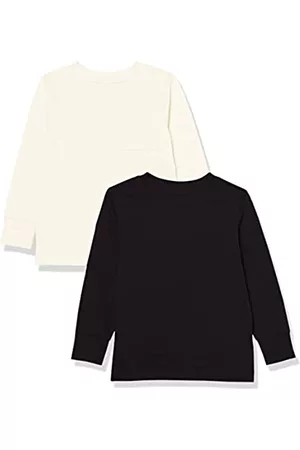 Amazon Polo - T-Shirt a Maniche Lunghe con Polsini a Costine Unisex Bambini e Ragazzi, Pacco da 2, Nero/Avorio, 6-7 Anni