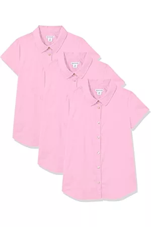 Amazon Bambina Camicie - Camicie da Uniforme a Maniche Corte in Popeline Elasticizzato con Chiusura con Bottoni Bambine e Ragazze, Pacco da 3, Rosa, 4-5 Anni
