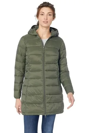 Amazon Piumino Lungo con Cappuccio Ripiegabile, Leggero e Impermeabile (Disponibile in Taglie Forti) Donna, Verde Oliva, XL Plus