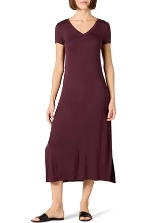 Amazon Abito Midi a Maniche Corte con Scollo a V in Jersey Donna, , XL