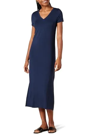 Amazon Abito Midi a Maniche Corte con Scollo a V in Jersey Donna, , S