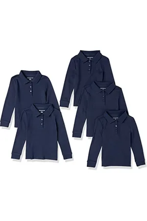 Amazon Polo in Tessuto Interlock a Maniche Lunghe Bambine e Ragazze, Pacco da 5, , 8 Anni