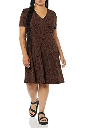 Amazon Abito Aderente Svasato con Scollo A v A Maniche Corte Donna, , M