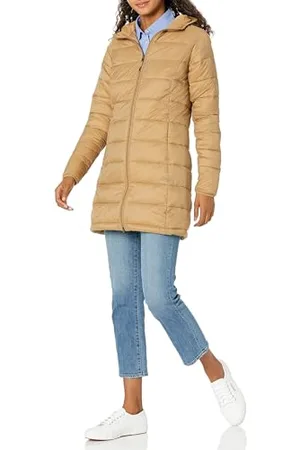 Amazon Piumino Lungo con Cappuccio Ripiegabile, Leggero e Impermeabile (Disponibile in Taglie Forti) Donna, Cammello, XS