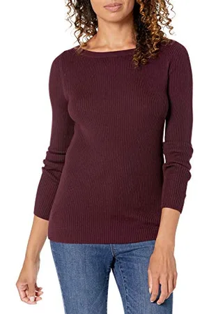 Amazon Maglione Aderente con Scollo a Barchetta a Maniche Lunghe Leggero a Coste Donna, , L